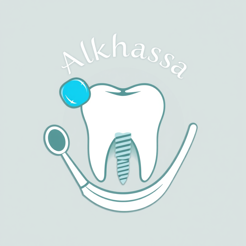 صورة لوغو لعيادة أسنان باسم Alkhassa باحرف مميزة وتحوي على سن وزرعة أسنان ومرأة اسنان
