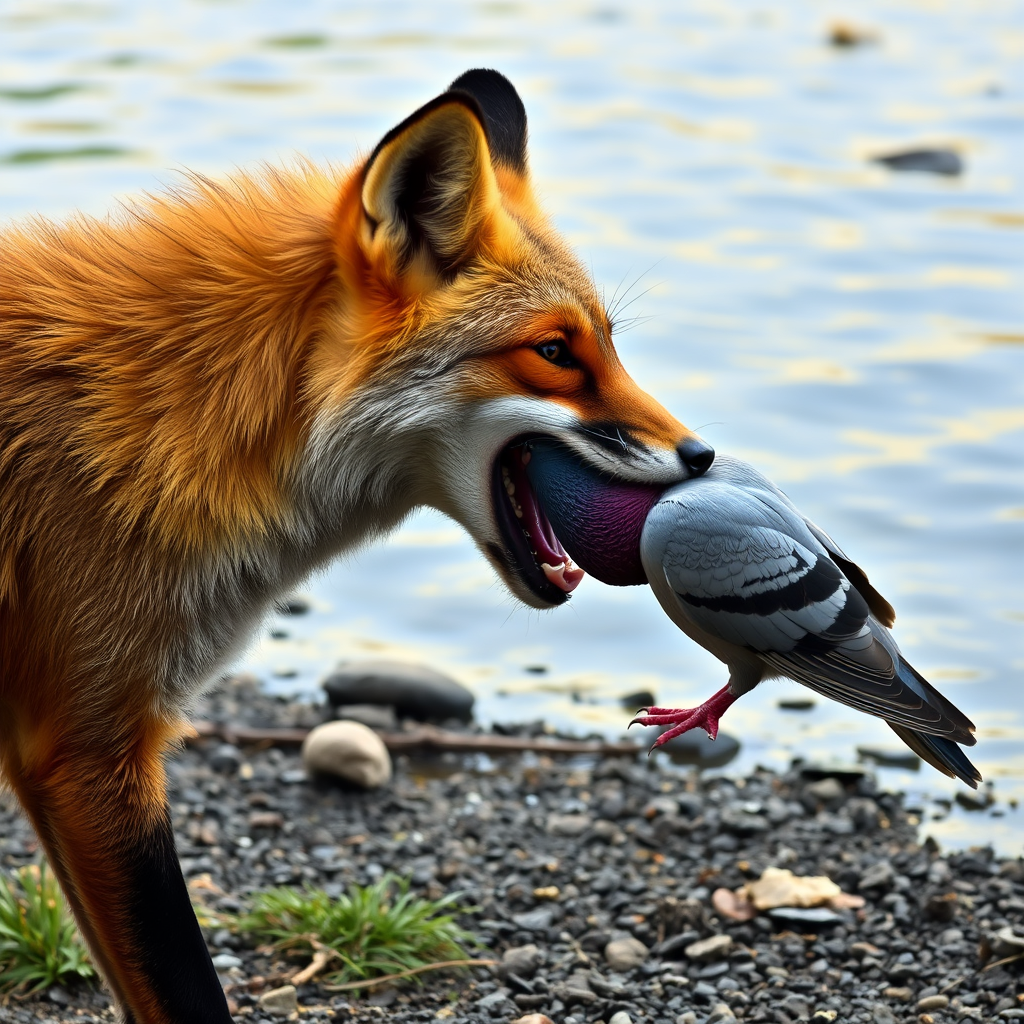 ثعلب يلتهم حمامة في فمه علي ضفة نهر