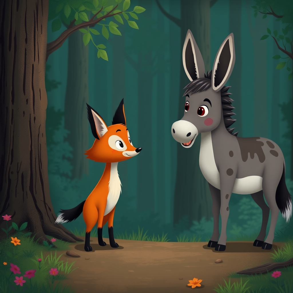 ثعلب وا حمار يتحدثان في الغابه