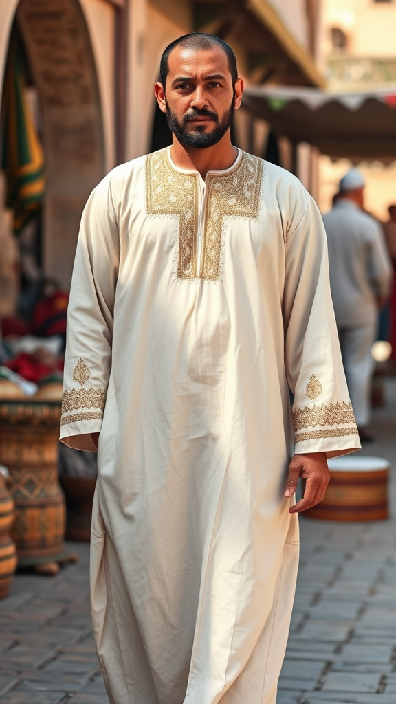 الملابس: يرتدي الرجل *الجلباب* المغربي، وهو ثوب طويل يصل إلى الكاحلين، مصنوع من قماش خفيف أو ثقيل حسب الموسم. الجلباب غالبًا ما يكون بلون بيج، أبيض أو أزرق فاتح مع تطريزات أو خيوط ذهبية على الأكمام أو الحواف. يمكن أن يكون الجلباب مزينًا بتطريزات يدوية على الياقة أو الأكمام.
**الحذاء**: يلبس الرجل *البابوج* أو *البلغة*، وهي أحذية جلدية تقليدية تُصنع يدوياً وغالباً ما تكون باللون البني أو الأسود.
**الوجه الوجه غالباً يكون نظيفًا ومشذبًا، وقد يحمل ملامح قوية تدل على الأصالة والعراقة.
الجو العام قد يتم تصوير الرجل في مكان تقليدي، مثل سوق مغربي أو في مكان مفتوح مع خلفية تحتوي على عمارة مغربية قديمة أو طبيعة خلابة في الريف المغربي.
تجمع هذه الصورة بين الأصالة والجمال البسيط للتقاليد المغربية.