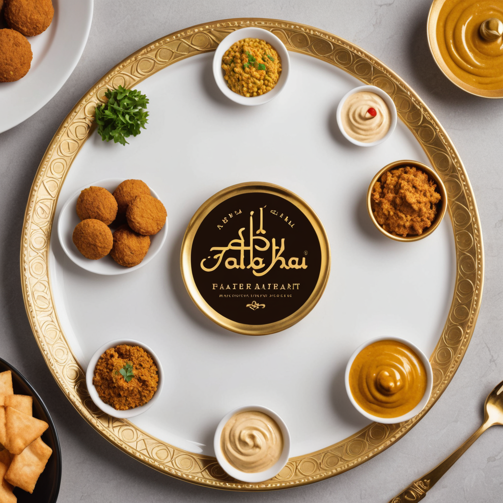 شعار مطعم ابو طه باللون الذهبي ضع اقراص الفلافل في صحن و صحن مسبحة وصحن فول وصحن فتة و صحن حمص 