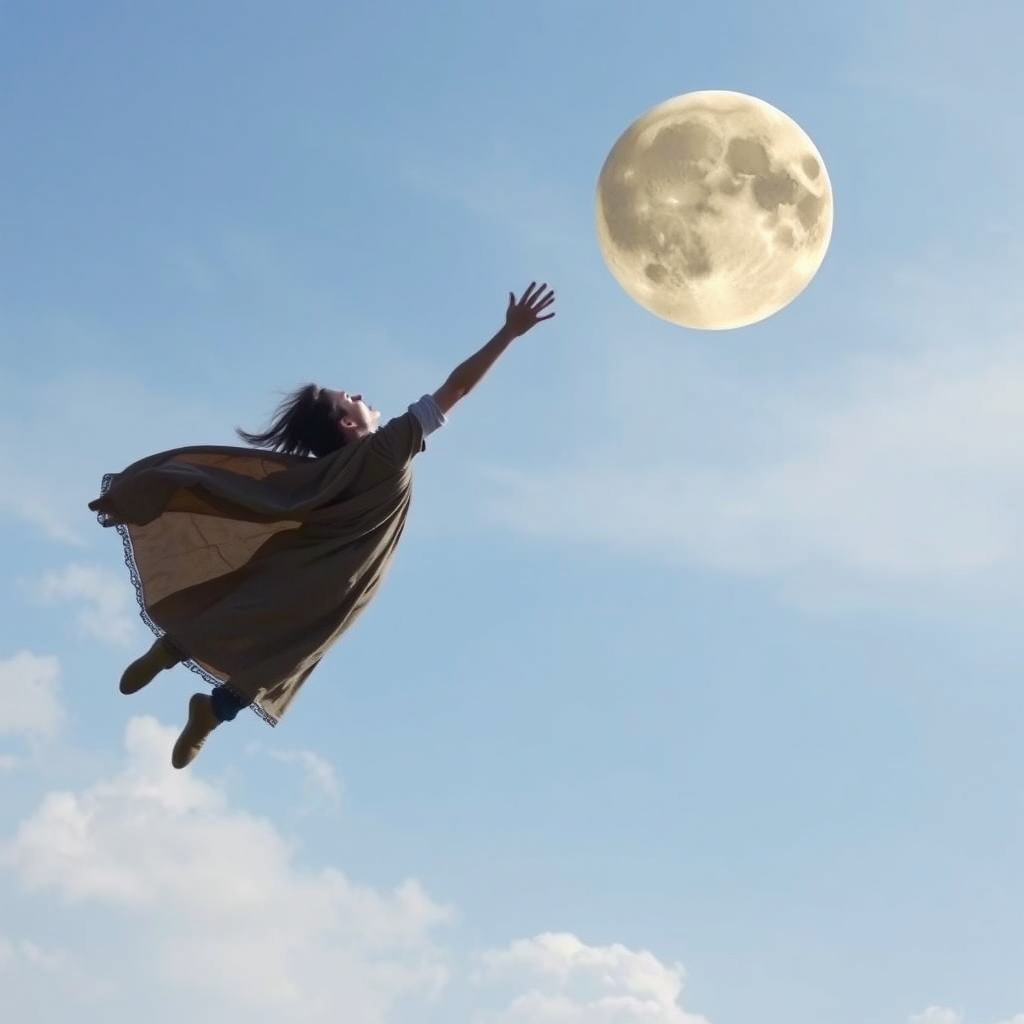 صوره لشخص يطير فى الهواء ممسكا فى يده قمرا
