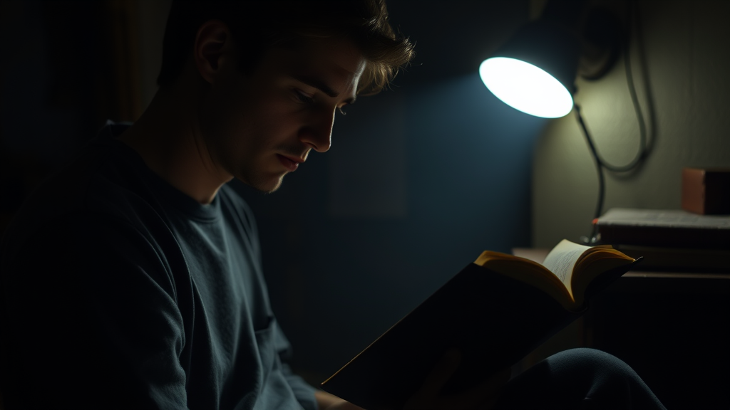 صورة شخص يقرأ كتاب في غرفة قليلة الاضاءة والضوء مسلط على الكتاب