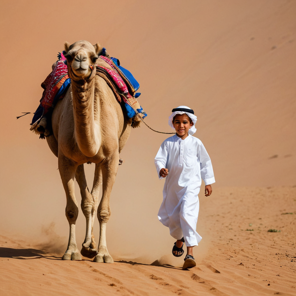 طفل سعودي يمتطي جمل، والجمل - بيكاسو الخليج | Gulf Picasso