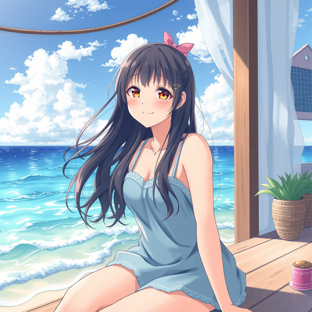 بنت انمي على البحر مبسوطه داخلية