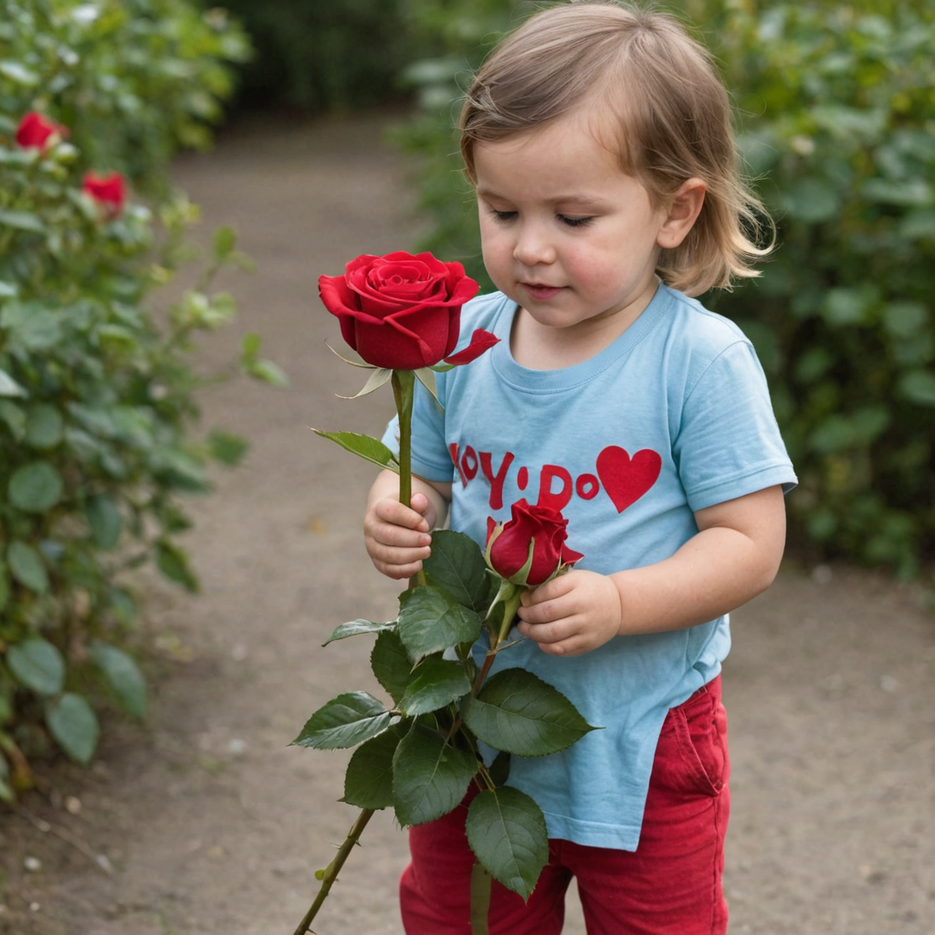 طفل ضغير يحمل وردة يهديها الى اما