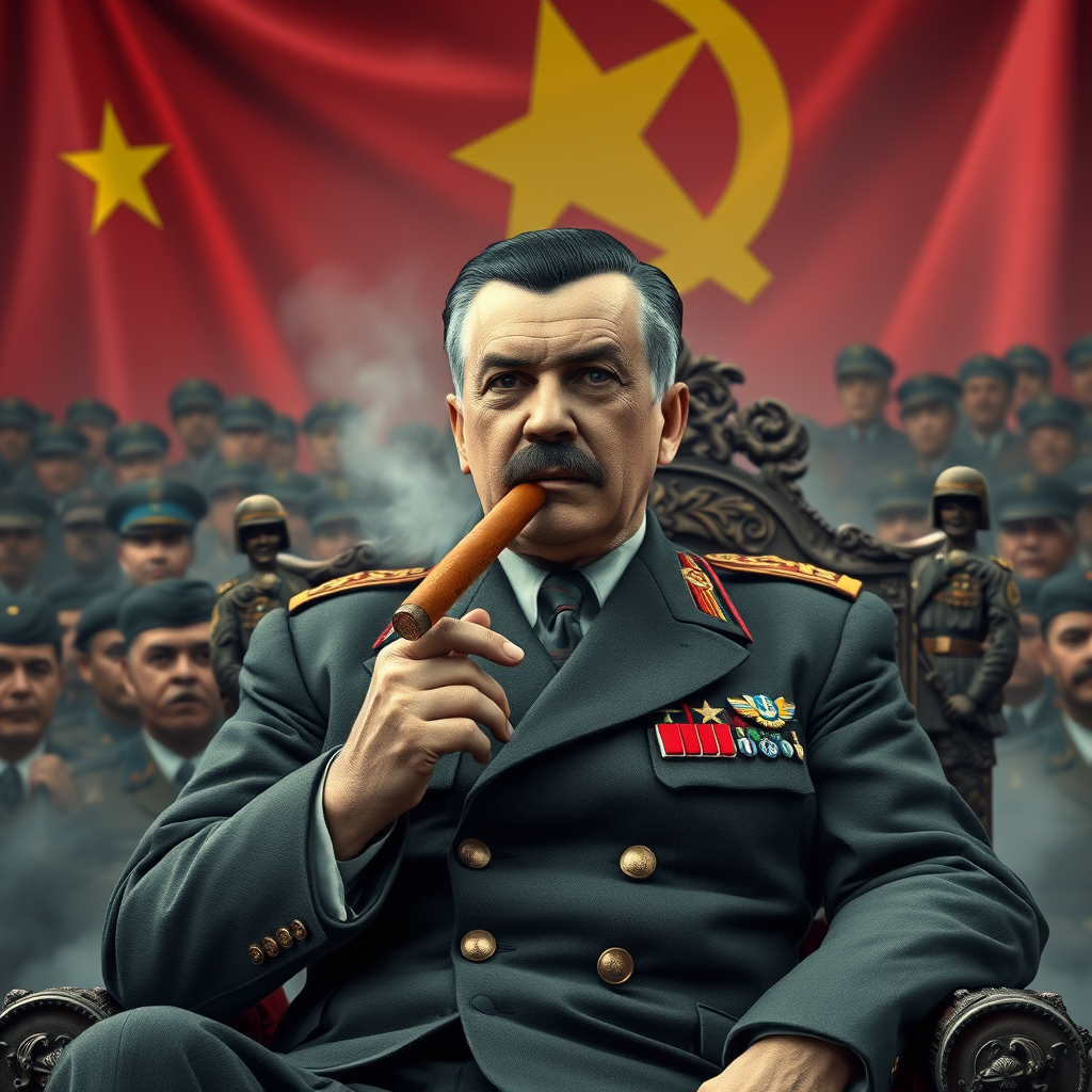 صور ل ستالين جالس لبوبجي خاص بي علا عرش و خلفه الاف من جنود سوفيتي و خلفه علم سوفيت و يدخن سيجار الكوبي سفير كاسترو و شعرة اسود و ليست كبير جدان في سن
