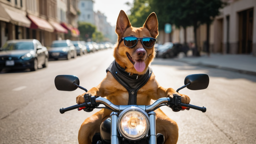 صورة لكلب راكب على دراجة نارية يرتدي نظارات شمسية في الشارع