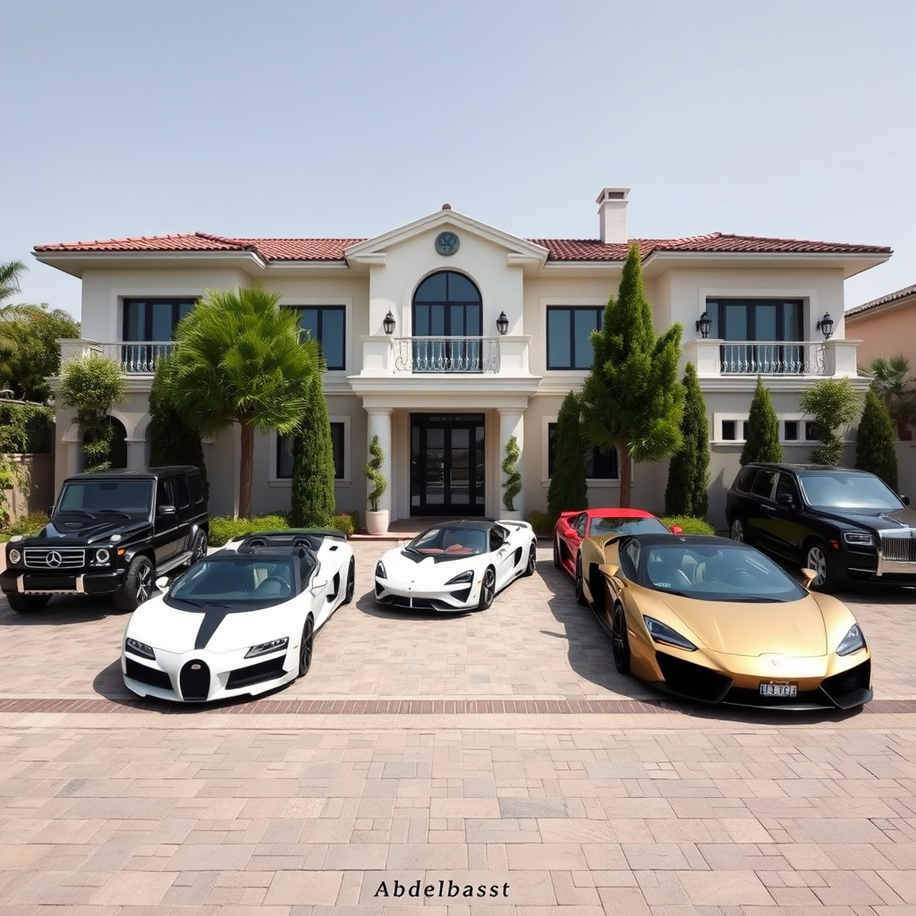 فيلا بجانبها سيارات Mercedes G classe و Bugatti و BMW série 3 (2024) و Ferrari و Lamborghini revuelto و Roll royce ولا فتة في جدار مكتوب عليها إسم Abdelbasst بخط صغير