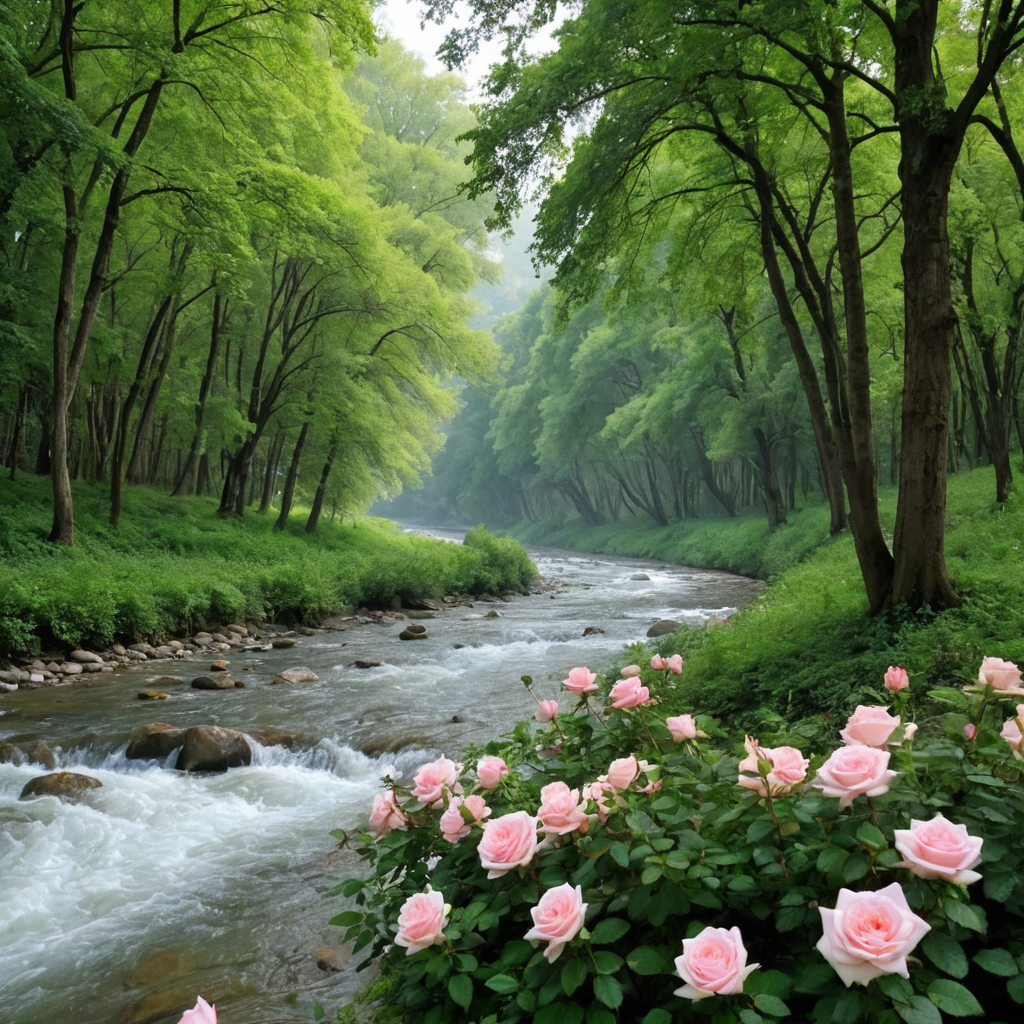 اشجار . ورد . نهر الحياة