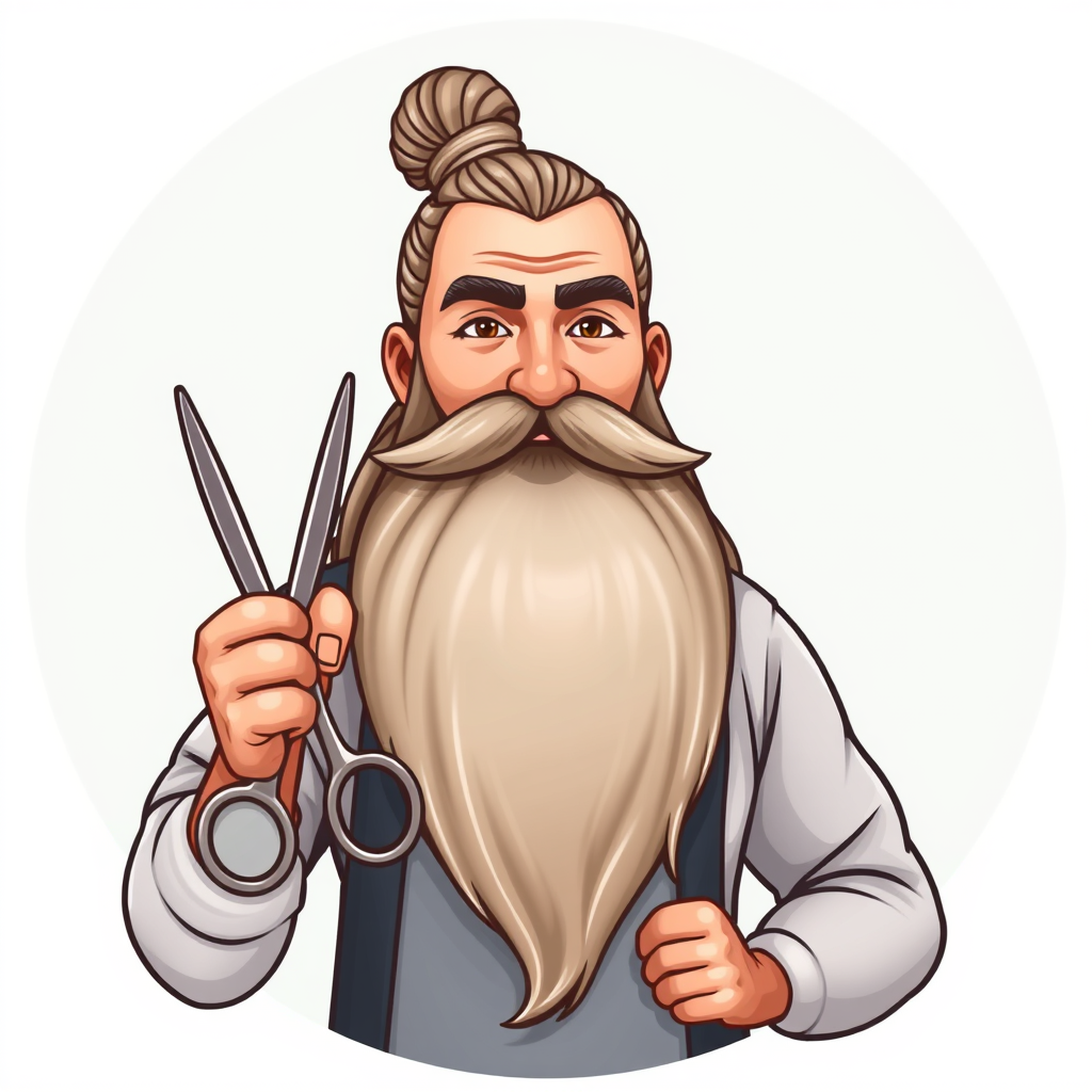 صورة حلاق شعره طويل ومربوط ولحيته طويلة يمسك مقص على شكل ايموجي
