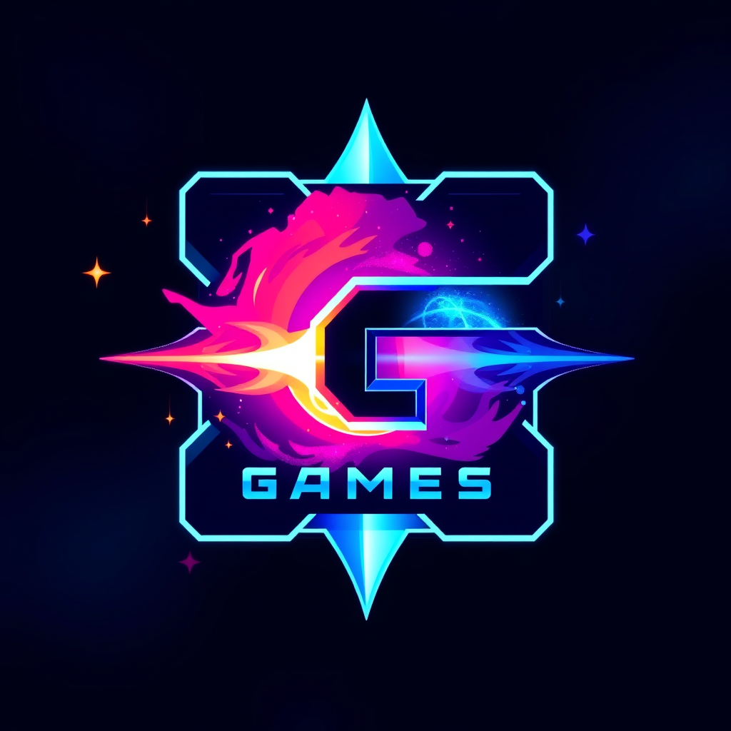 A stunning illustration logo for a gaming company, letter G, galaxy games, vibrant, artistic style, pixel art, beautiful, retro, minimalist