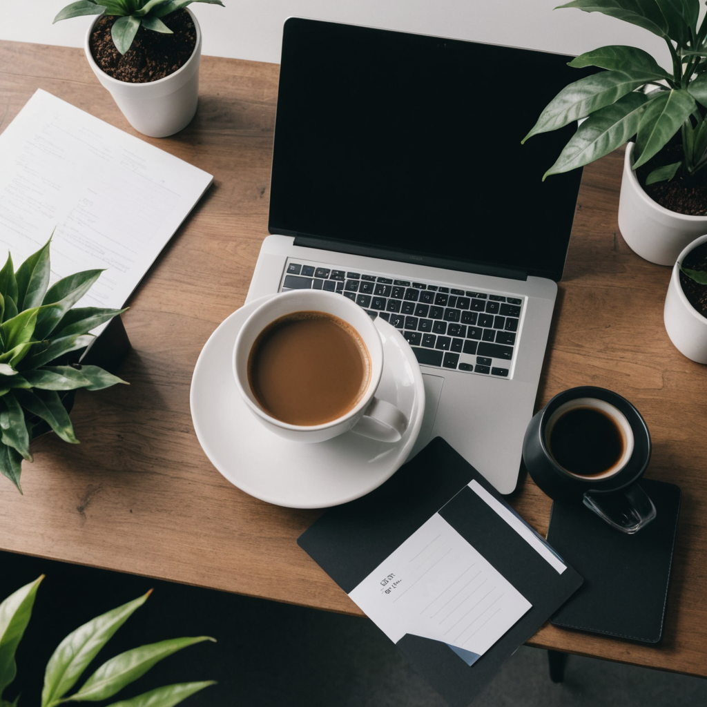 صوره مكتب عليه كوب قهوه و زرعه و لاب وتكون الصوره من فوق