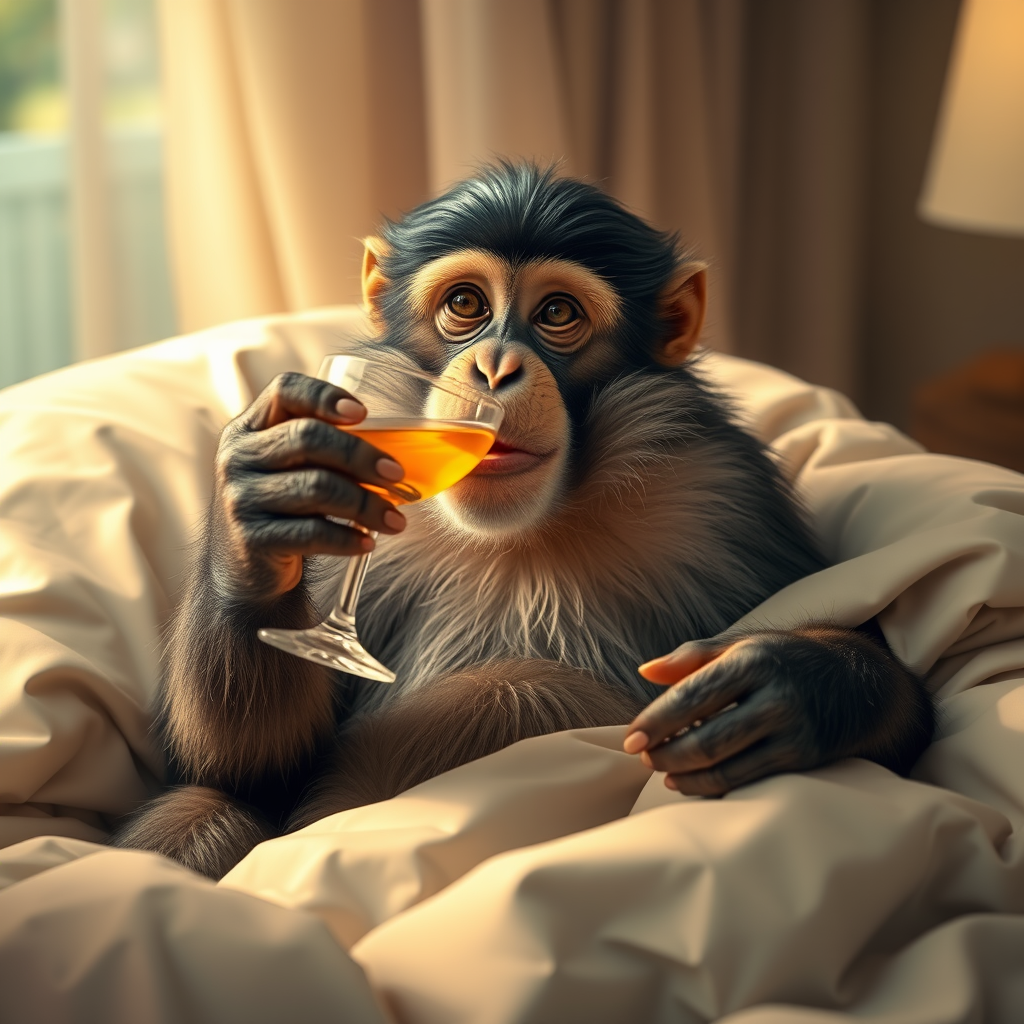 قرد يشرب كوكتيل في السرير