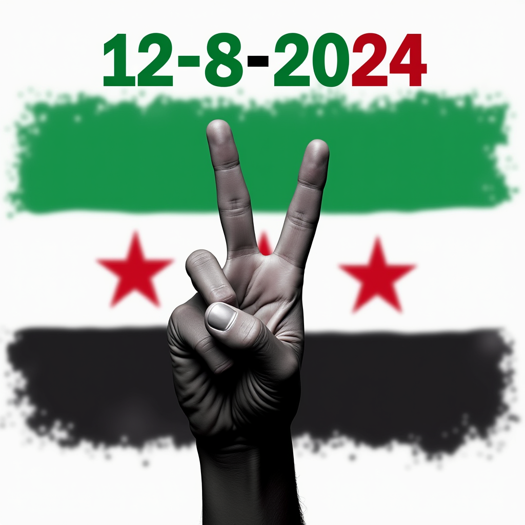 يد ترفع اشارة النصر وفوقها تاريخ 8-12-2024 مع علم الثورة السورية الملون بألوان علم الثورة السورية من الأعلى أخضر ومن الأسفل أسود وفي المنتصف أبيض مع ثلاثة نجوم حمراء في المنتصف