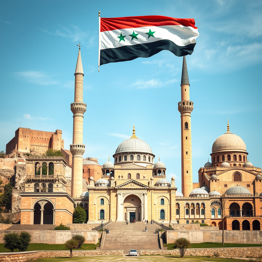 معالم سوريا الأثرية مثل قلعة حلب وجسر المعلق في دير الزور وساعة حمص والجامع الأموي في دمشق يتوسطهم جامع وفي السماء علم الثورة السورية علم الاستقلال