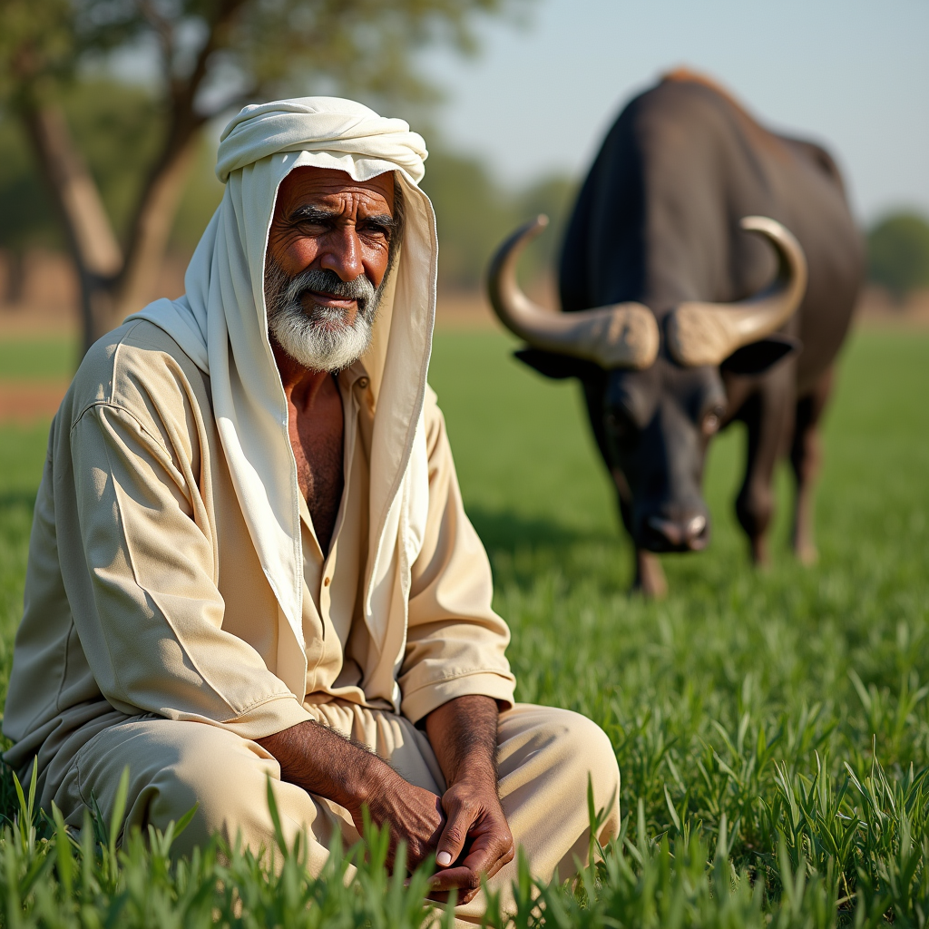 رجل عجوز مصرى فلاح يلبس جلباب ويلبس طاقيه بيضاء على راسه . يجلس فى ارض زراعية خضراء مع بعض الاشجار . خلفه جاموس ياكل من عشب الارض
