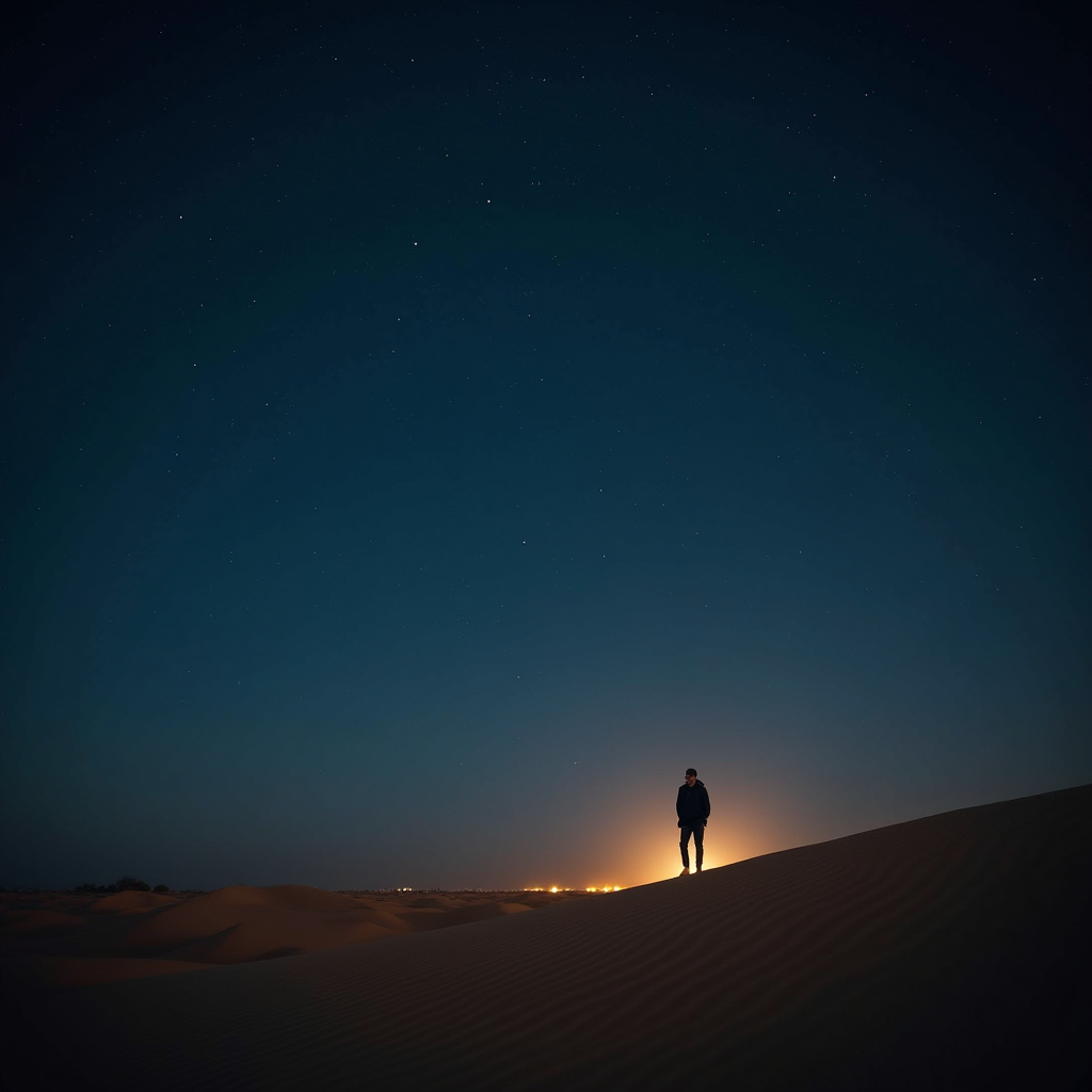 رجل يمشي في الصحراء في الليل