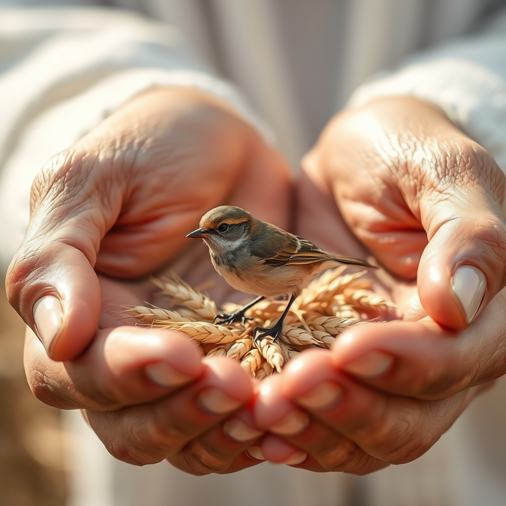 صورة العصفور الصغير كحبة قمحي في يدي إنسان