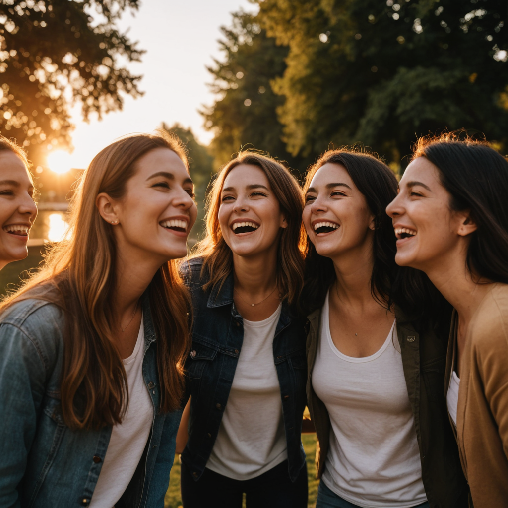 مجموعة أصدقاء مختلفين يضحكون تحت ضوء الغروب الذهبي، تصوير بفتحة عدسة واسعة وعمق ضحل، في حديقة بالمدينه