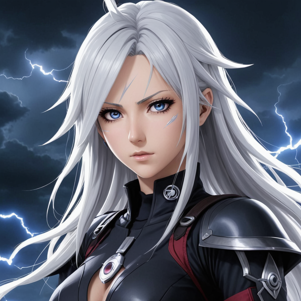ارسم لي صورة انمي لشخصية تملك عنصر البرق لون شعرها ابيض و لديها شارينجان ب أعينها و بارد المشاعر