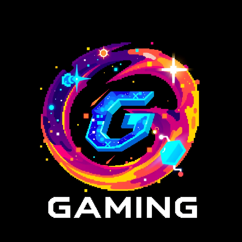 شعار جميل لشركة ألعاب، حرف G مع تأثيرات مجرة، بأسلوب فني حيوي يشبه ألعاب البكسل