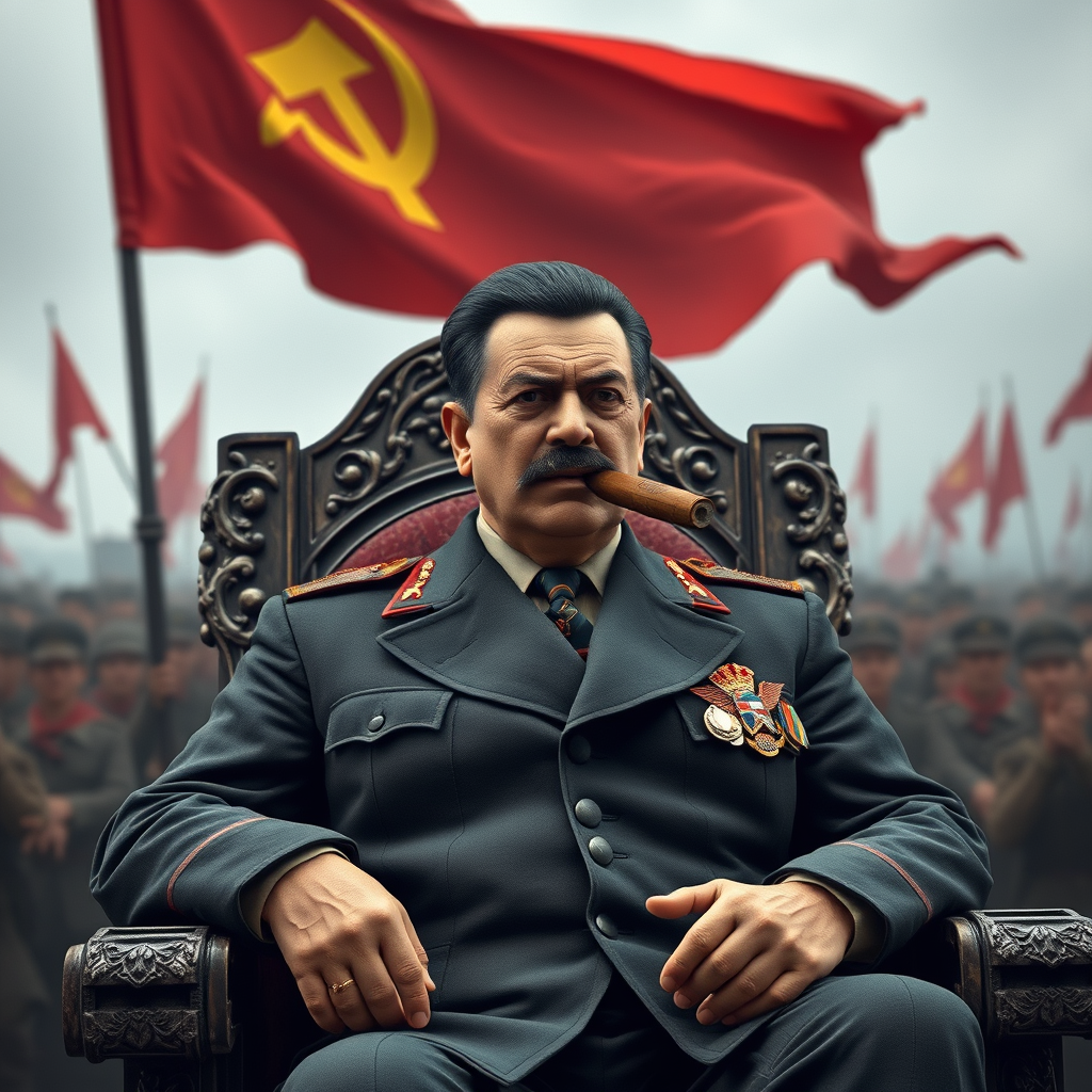 صور ل ستالين جالس لبوبجي خاص بي علا عرش و خلفه الاف من جنود سوفيتي و خلفه علم سوفيت و يدخن سيجار الكوبي سفير كاسترو و شعرة اسود و ليست كبير في سن و فليكن اعلام سوفيتي كبير جدا يمكن رؤيتة جيدا و فليكن في وضع حرب