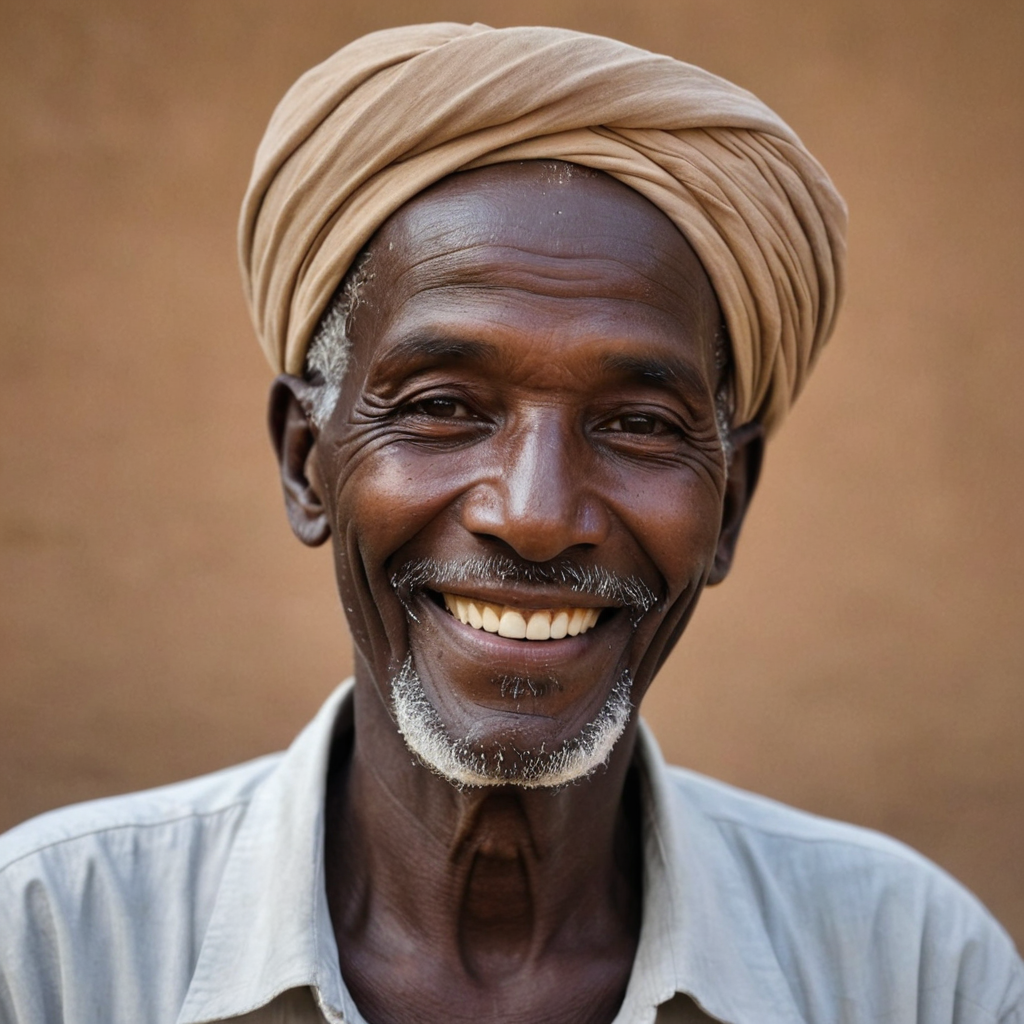 رجل سوداني كبير في العمر يرتدي عمامه يبتسم بسمه حزينة