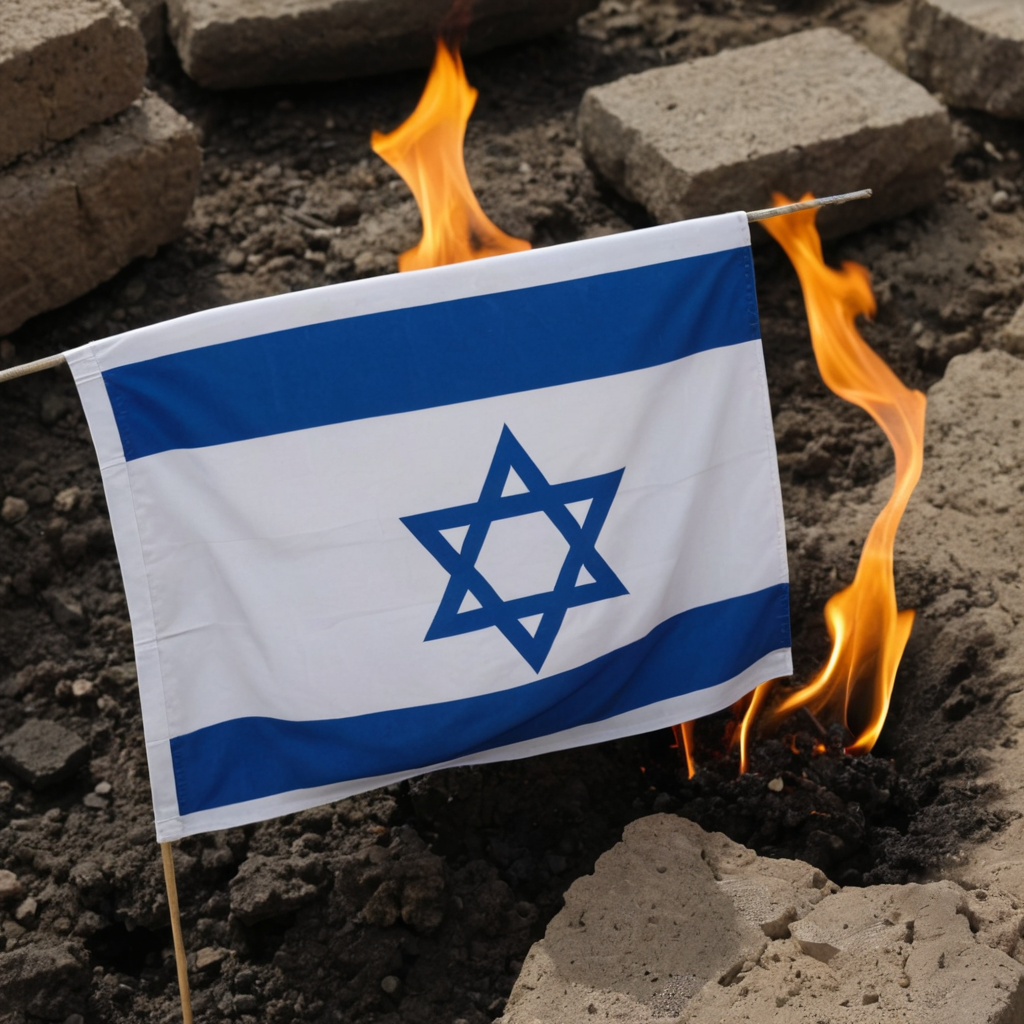 علم اسرائيل يحرق وفوقه قطعة من البراز