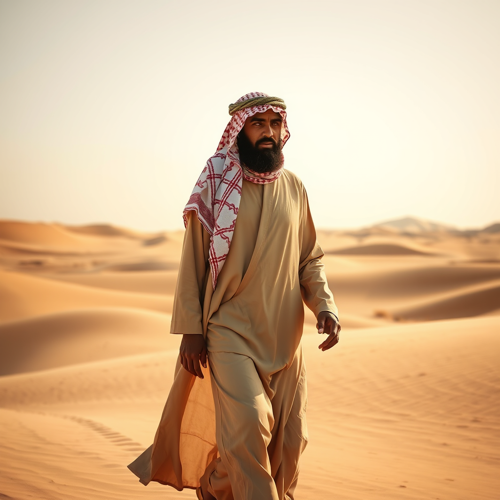 رجل يمني يمشي في الصحراء يرتدي الجنبية