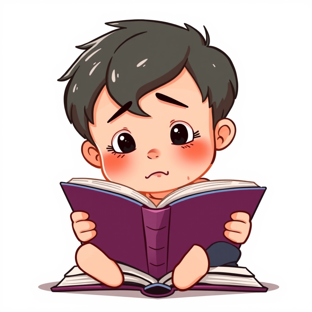 طفل شخصية كرتونية يقرأ من كتاب ويعاني من صعوبة في القرأءة ، بدون خلفية