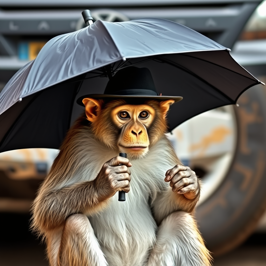قرد يرتدي قبعة ويحمل مظلة جالس امام سيارة
