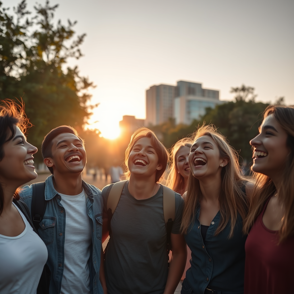 مجموعة أصدقاء مختلفين يضحكون تحت ضوء الغروب الذهبي، تصوير بفتحة عدسة واسعة وعمق ضحل، في حديقة بالمدينة