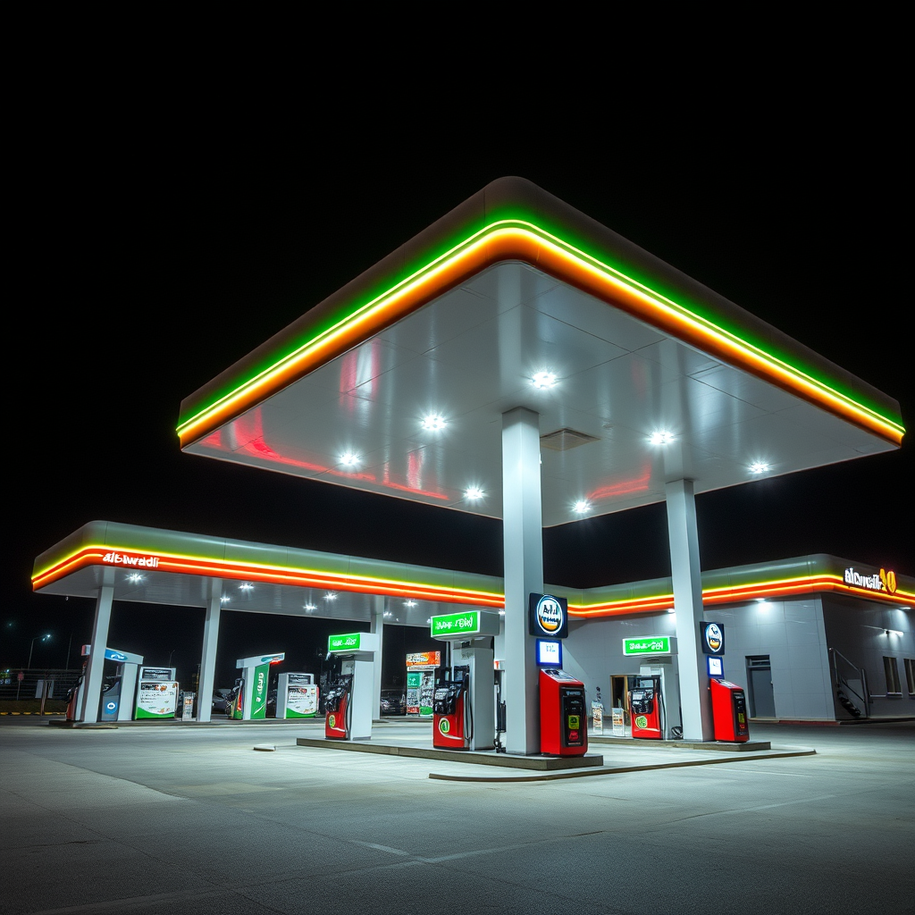 صورة لمغاز كبير أسمها البوادي مع إضاء ليلة 3d