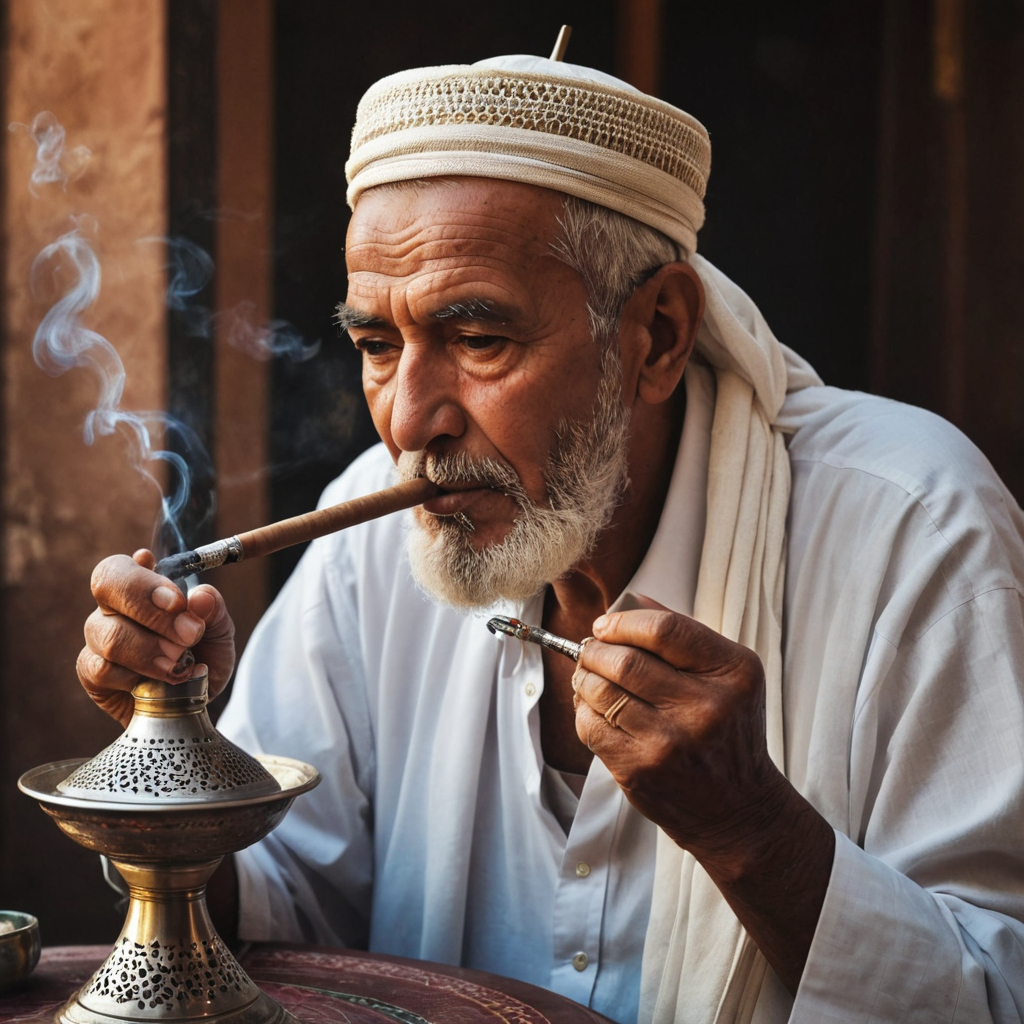 رجل كبير في السن يدخن الشيشةالعربية .