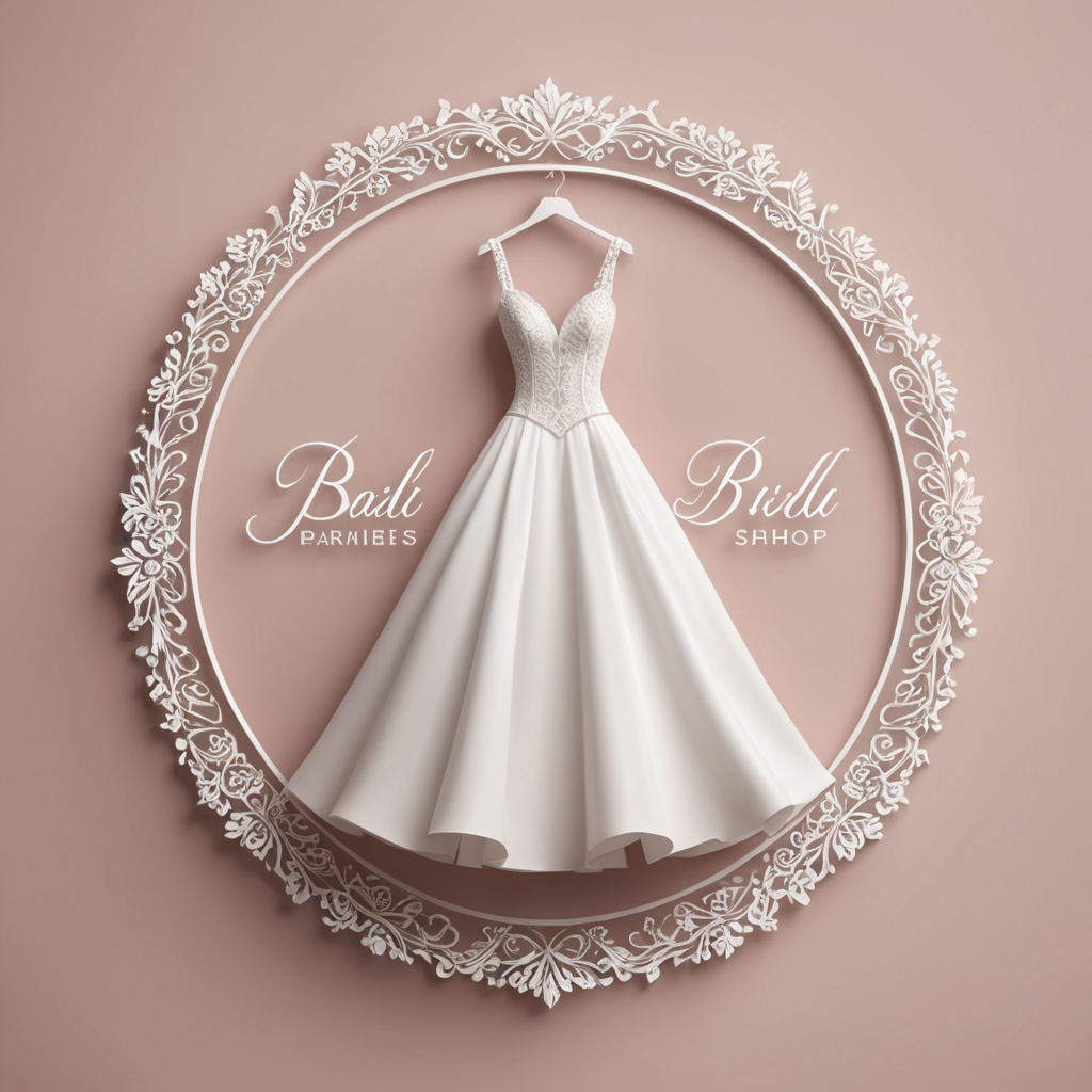 لوغو شعار محل فساتين عرائس عليه شكل فستان عروس ، ثنائي الأبعاد مع تفاصيل جميلة