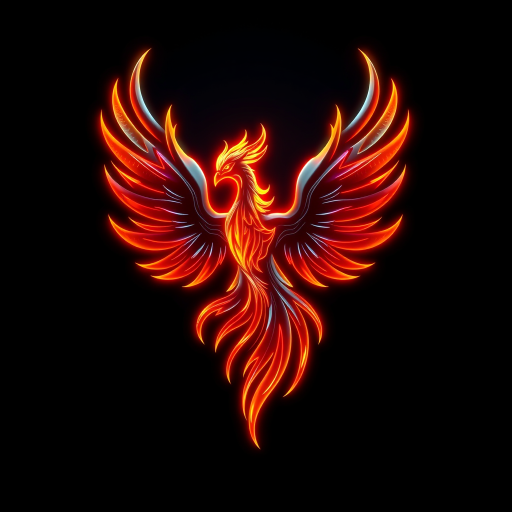 شعار طائر الفينيق، يتصاعد من النيران الرقمية، مستقبلي، تفصيلي، ألوان نيون، ثلاثي الأبعاد
