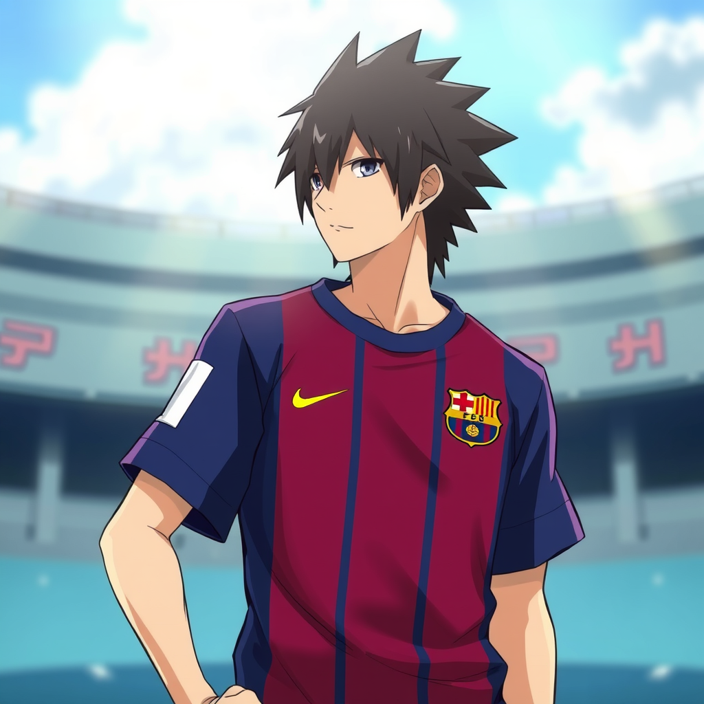 شخصية ساسكي من انمي نارتو ترتدي قميص برشلونه